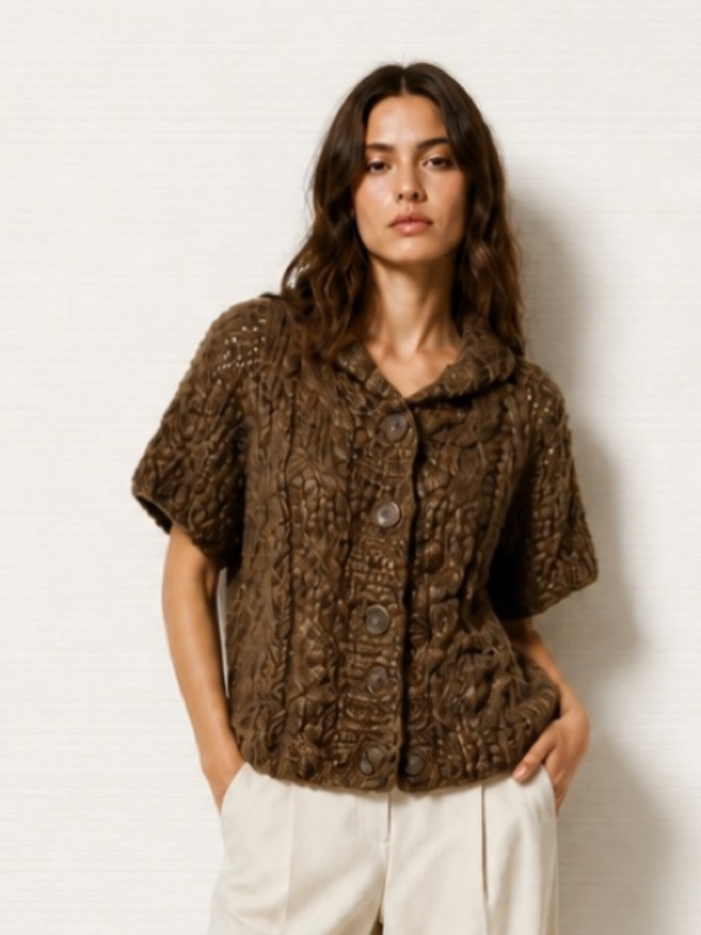 VIVIENNE TAM Cardigan Sweater Chunky Loose Knit Button Soft Brown Wool Medium